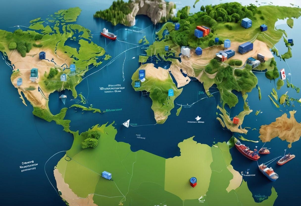 An intricate map illustrating global trade routes, overlaid with various icons representing insurance, shipping containers, and security locks. Include diverse international landmarks subtly integrated into the background to emphasize global shipping. The color palette should be rich with deep blues and greens to symbolize trust and reliability. A modern, clean style to evoke professionalism and clarity. 3D. vibrant colors.