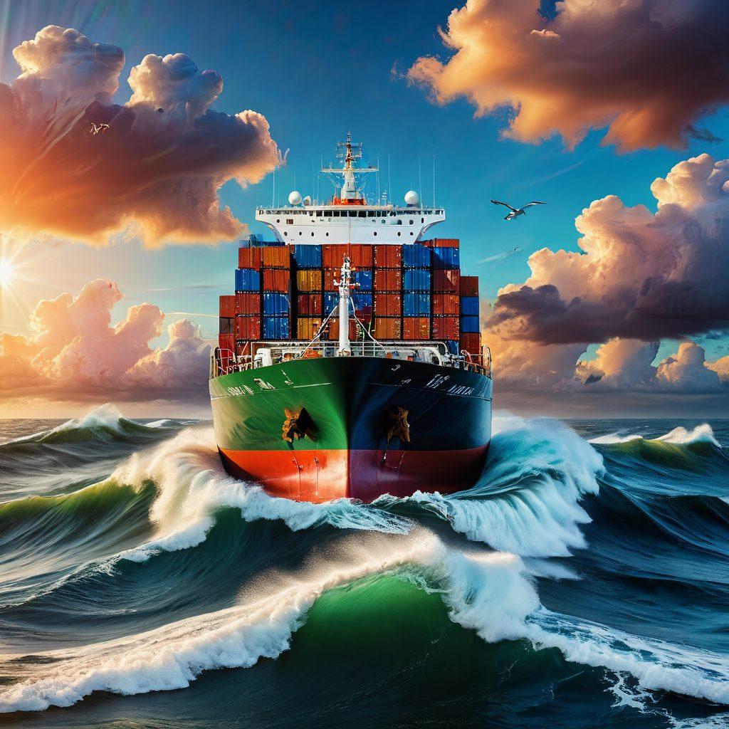 A dynamic scene depicting a cargo ship navigating through turbulent sea waves, symbolizing the complexities of shipping and logistics. The ship is adorned with various shipping containers, each representing different types of insurance elements (e.g., protection, liability, cargo). In the sky, a compass and chart elements subtly indicate navigation and guidance. The colors should be vibrant, illustrating the energy and challenges of the maritime industry. super-realistic. vibrant colors. 3D.