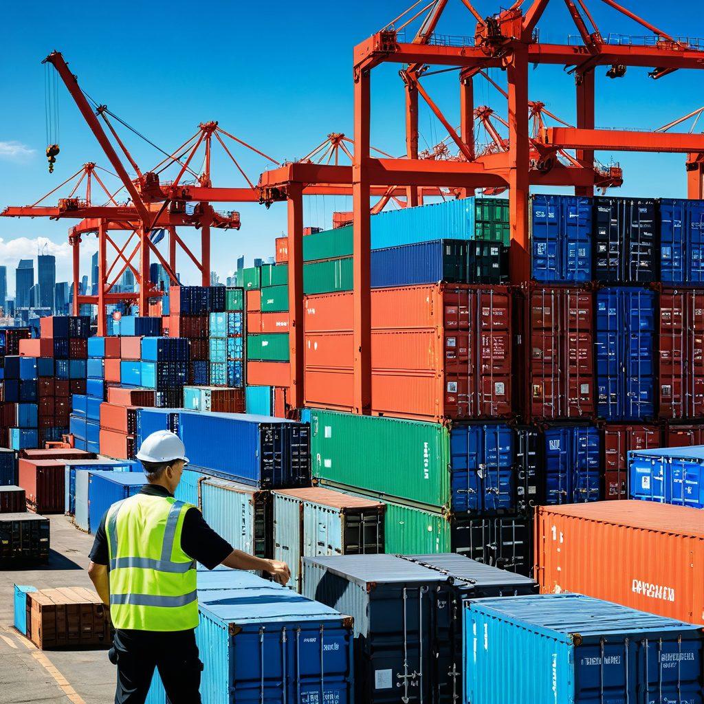 A detailed scene depicting a busy cargo port with various freight containers, cranes, and shipping vessels, alongside a customs officer analyzing documents with freight insurance papers. The backdrop includes a city skyline under a clear blue sky, emphasizing the interconnectedness of global trade. The image should convey a sense of complexity, professionalism, and logistics. super-realistic. vibrant colors. 3D.